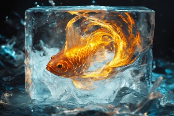 Vibrant goldfish encased in clear ice block with dynamic lighting