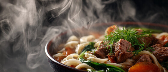 A steaming bowl of pasta with meat, vegetables, and dill on a dark background