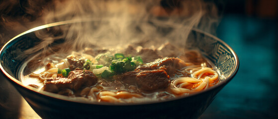 Close up shot of a steaming bowl of ramen with meat and green onions garnish