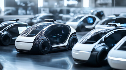 Futuristic Autonomous Vehicles on Display in a Modern Showroom