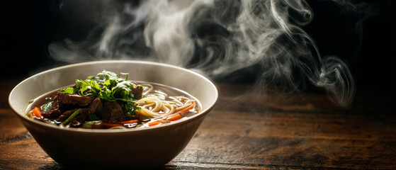 A steaming bowl of noodle soup with meat and vegetables on a wooden surface