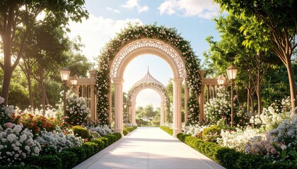 Fototapeta premium Romantic Rose Archway Garden Path Wedding Entrance.