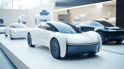 Modern Futuristic Car Models on Display in a Gallery