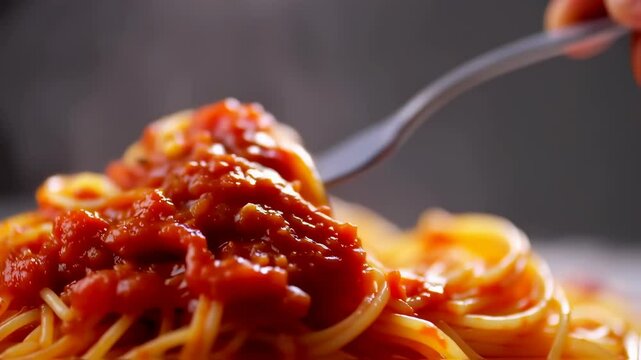 Closeup of fork twirling spaghetti with rich tomato sauce and rising steam