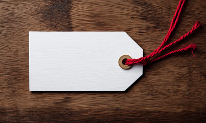 Blank Tag with Red String on Wooden Background