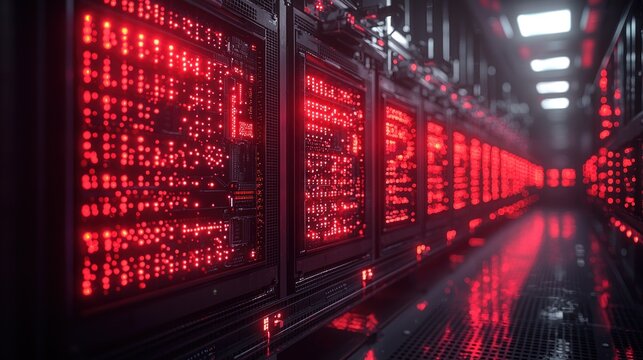 Row of glowing red matrix servers in a dark corridor