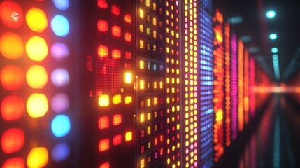 Rows of glowing, colorful square panels