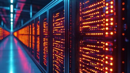 Rows of servers with red lights in a cool, blue lit room
