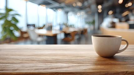 Minimalist wooden desk with coffee cup, a serene workspace for focused productivity