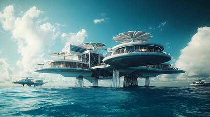 Futuristic Floating Architecture on the Ocean with Cloudy Sky