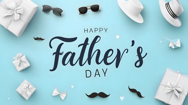 Happy Father's Day Background with Hat, Sunglasses, Bow Tie. Flat Vector Style, Blue Banner, White Gift Boxes, Mustache. Greeting Card Template for Celebration.