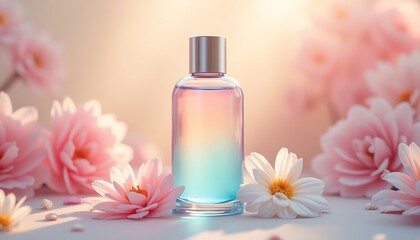 Perfume bottle with rainbow gradient and soft pink and white flowers.