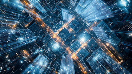 Futuristic Cityscape with Illuminated Skyscrapers and Interconnected Light Streams