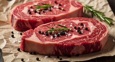 Raw Ribeye Steaks Ready for Seasoning on Craft Paper