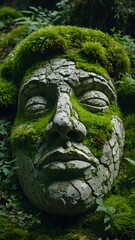Fototapeta premium Moss-Covered Stone Face Sculpture in Nature-Inspired Surreal Style