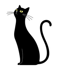 Elegant Black Cat Illustration A Sleek Feline with Golden Eyes Curiously Gazing Upwards Against a Clean White Background