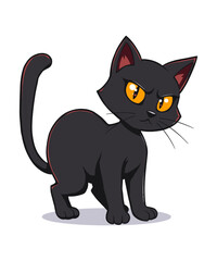Cartoon Black Cat with an Angry Expression, Ready for Halloween with Golden Eyes and a Swishing Tail