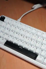 A wired 65% mechanical keyboard with a monochrome (black and white) theme on a wooden table.