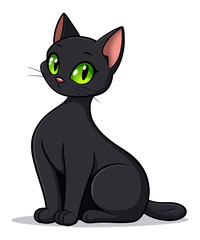 Cartoon Black Cat with Glowing Green Eyes Sitting Pretty A Charming and Whimsical Feline Illustration on a White Background