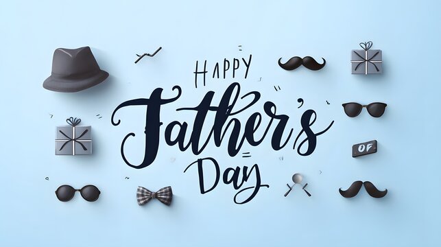 Happy Father's Day Card Design. Calligraphic Text, Mustache, Bow Tie, Gift Boxes, Sunglasses, Hat Icons. Flat Lay Top View Mockup for Banner or Poster.