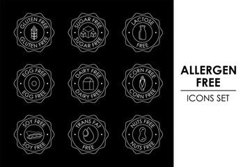 Allergen free icon set. Allergen free products symbols. Lactose, gluten, sugar, corn, egg, trans fat, soy, nuts, dairy free sign