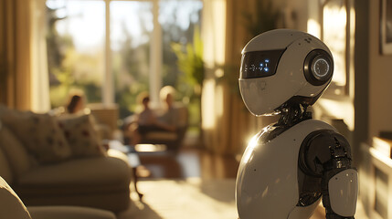 Robot in a Modern Living Room with People in the Background
