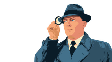 A stylized vector illustration depicting a man in a dark blue suit and fedora hat. He is holding a magnifying glass up to his eye, his expression serious and focused. The style is reminiscent of
