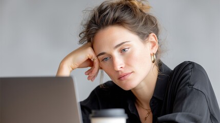 Tired young woman working on laptop