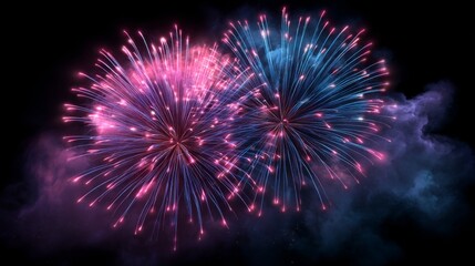 Pink and Blue Fireworks Exploding in Night Sky