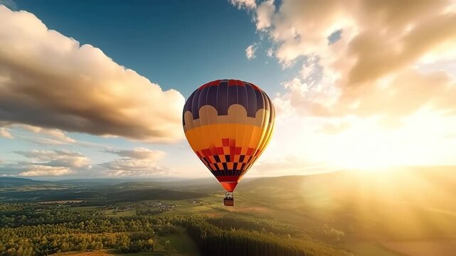 Colorful hot air balloon floating peacefully above green landscape sunrise, dramatic clouds and sunlight sky create serene, adventurous, and peaceful travel aerial scene, evoking sense of adventure