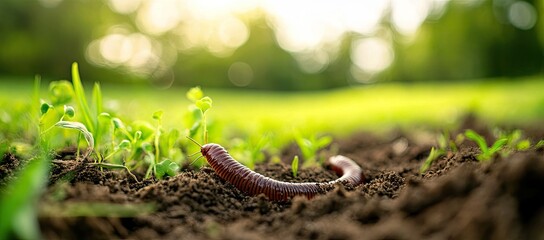 Earthworm in rich soil with growing plants