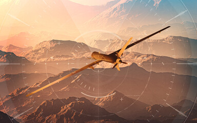 Satellite view of land, war operations, sci-fi. Military target. Drone flying over an area. Military operation. Undercover operation. Mountain reliefs and plains. Radar. Hud.