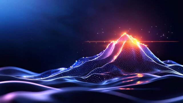 Futuristic glowing mountain peak and landscape with digital grid lines, vibrant neon colors, abstract technology waves, and data visualization, showcasing high tech, innovative, and futuristic