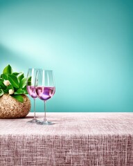 Two Wine Glasses and Flowers on a Textured Table