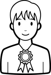 Simple black and white illustration of a person wearing a medal or award ribbon around their neck.