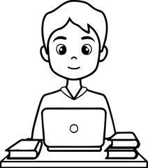 A young boy with short hair working on a laptop at a desk, surrounded by stacks of books