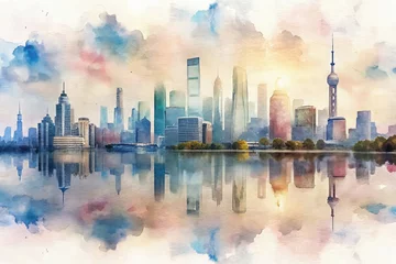Tableau sur plexiglas Aquarelle gratte-ciel Watercolor painting of shanghai skyline reflection  © MSTRAHIMA