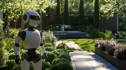 Robot Strolling Through a Lush, Modern Garden