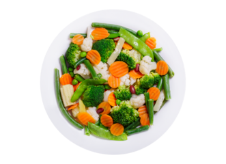 plate of mix of steamed vegetables isolated on transparent background, top view