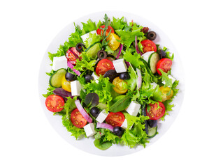 plate of salad with fresh vegetables and feta cheese isolated on transparent background, top view
