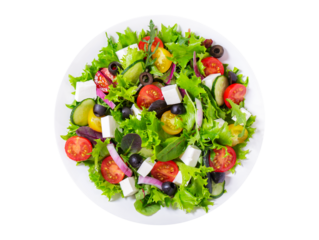 plate of salad with fresh vegetables and feta cheese isolated on transparent background, top view