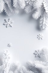 Winter Wonderland: Elegant white snowflakes and pine branches on a soft gray background.