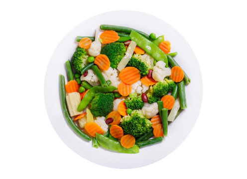plate of mix of steamed vegetables isolated on transparent background, top view