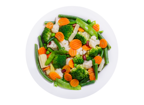 plate of mix of steamed vegetables isolated on transparent background, top view