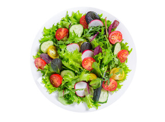 plate of salad with fresh vegetables isolated on transparent background, top view