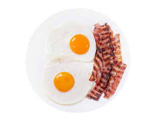 plate of fried eggs and bacon isolated on transparent background, top view