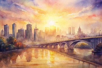 Fototapeta premium Cityscape watercolor painting at sunset