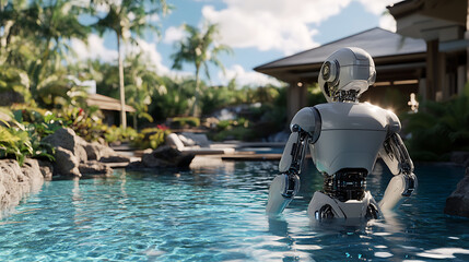 Robot Relaxing in a Tropical Pool Setting