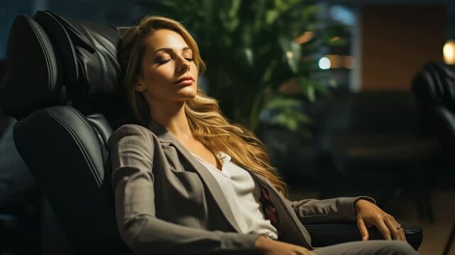 Relaxed businesswoman sitting in modern massage chair with eyes closed, enjoying peaceful and comfortable relaxation in stylish office lounge with soft lighting, green plant, and serene atmosphere