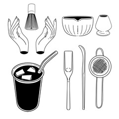 Matcha tea, hand-drawn, green tea, matcha green tea, preparation utensils, posters, cards, cafe menus, and graphic design., drink, glass,